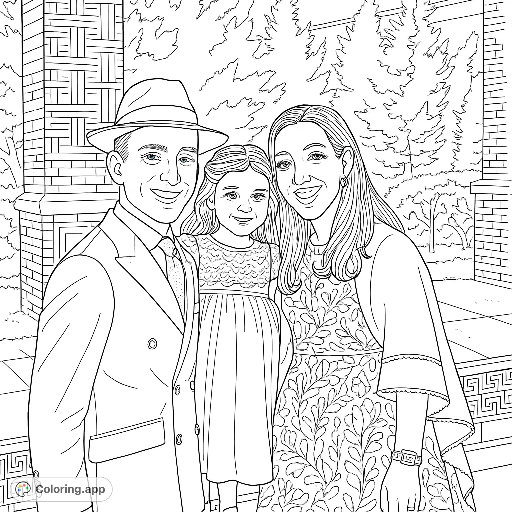 A heartwarming family portrait featuring a man, woman, and child in elegant attire, set against a charming outdoor backdrop. Perfect for all ages.
