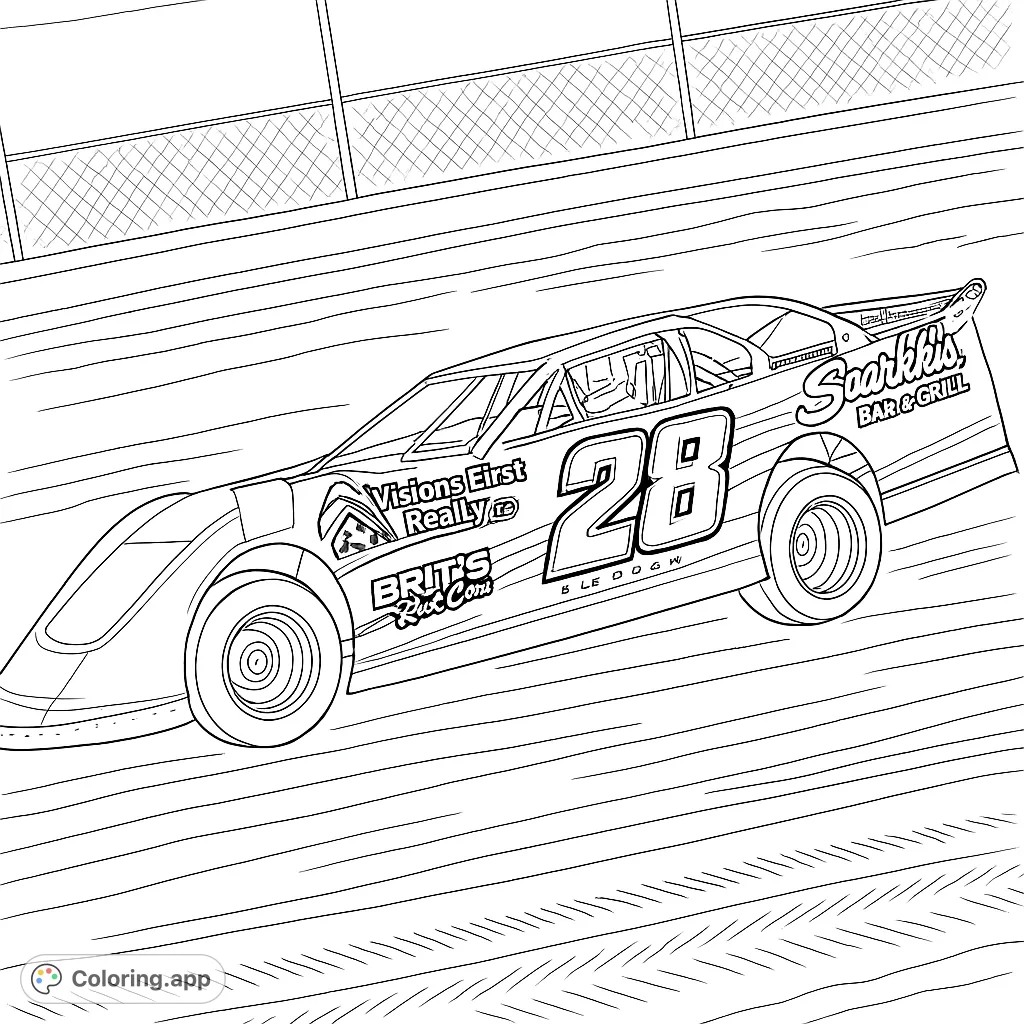 Dynamic dirt track race car, number 28, speeding on a textured track. Perfect for racing fans to color and customize.