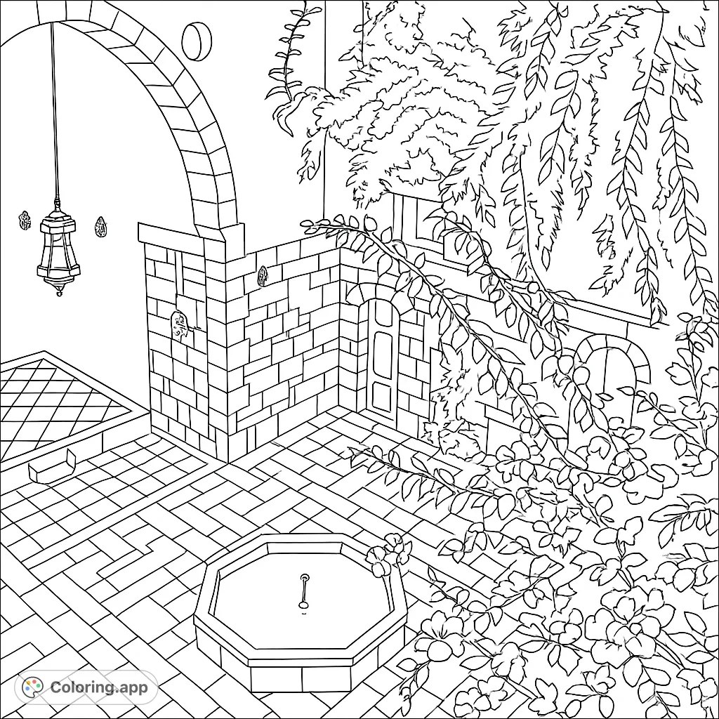 Discover an intricate courtyard oasis featuring an octagonal fountain, detailed geometric tile patterns, lush climbing plants, and an ornate hanging lamp.