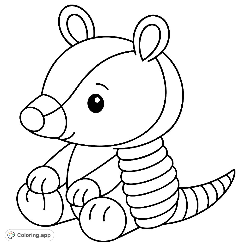 An adorable armadillo coloring page featuring a cute, sitting armadillo with segmented armor and a friendly expression, perfect for kids and animal lovers.