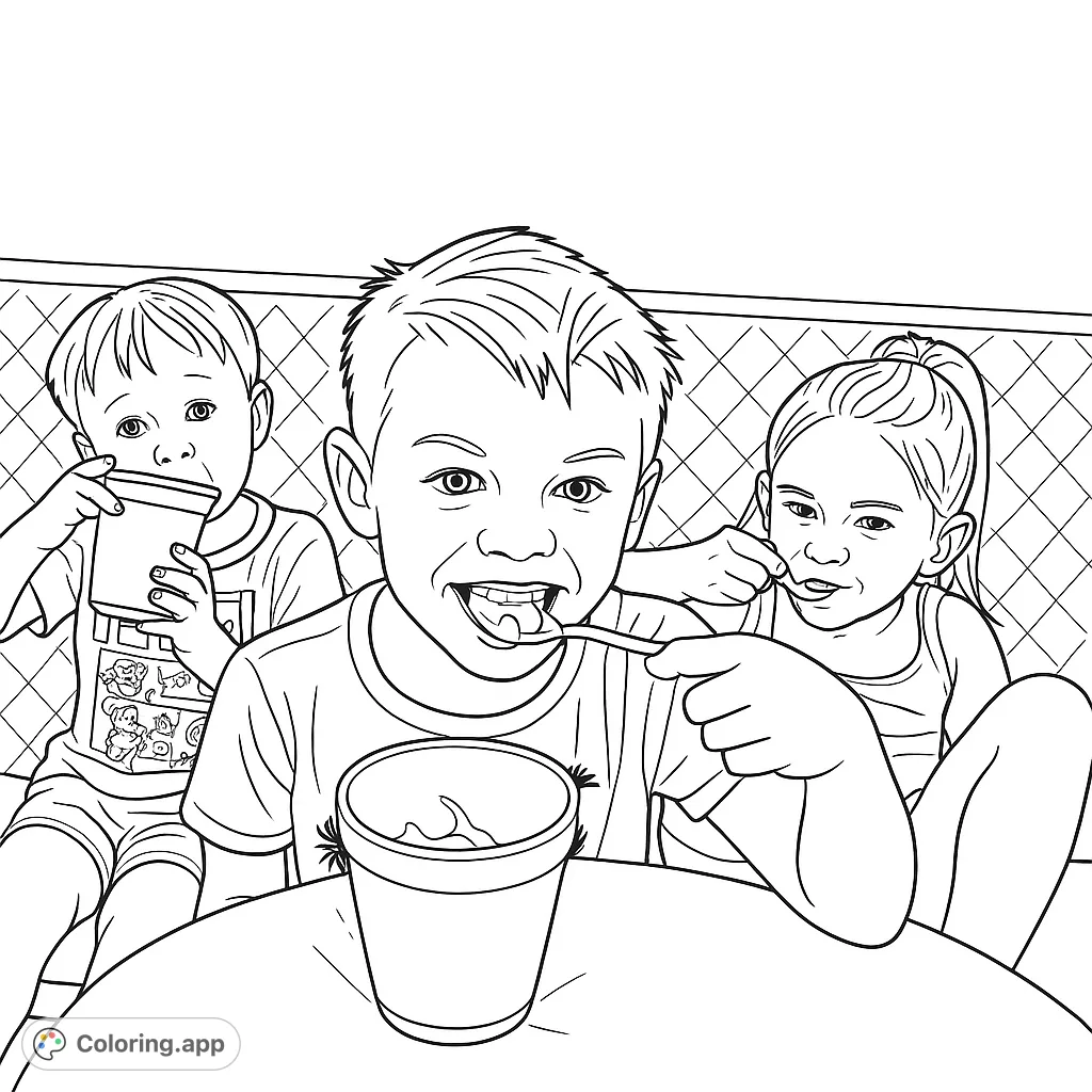Three happy children enjoy delicious frozen treats together, captured in a delightful scene perfect for a fun coloring activity.