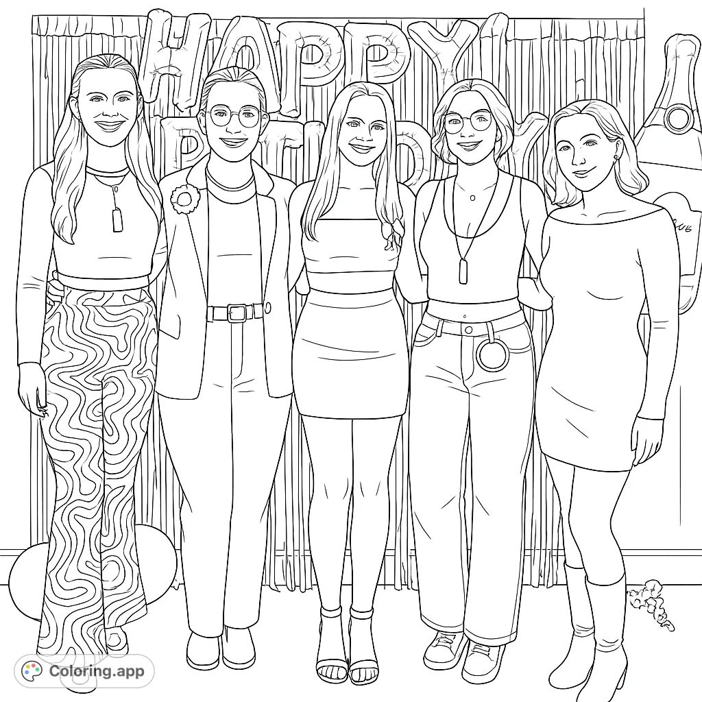 Five smiling friends celebrate a birthday, posing in front of a festive tinsel backdrop with balloons. A fun party scene ready for vibrant colors!