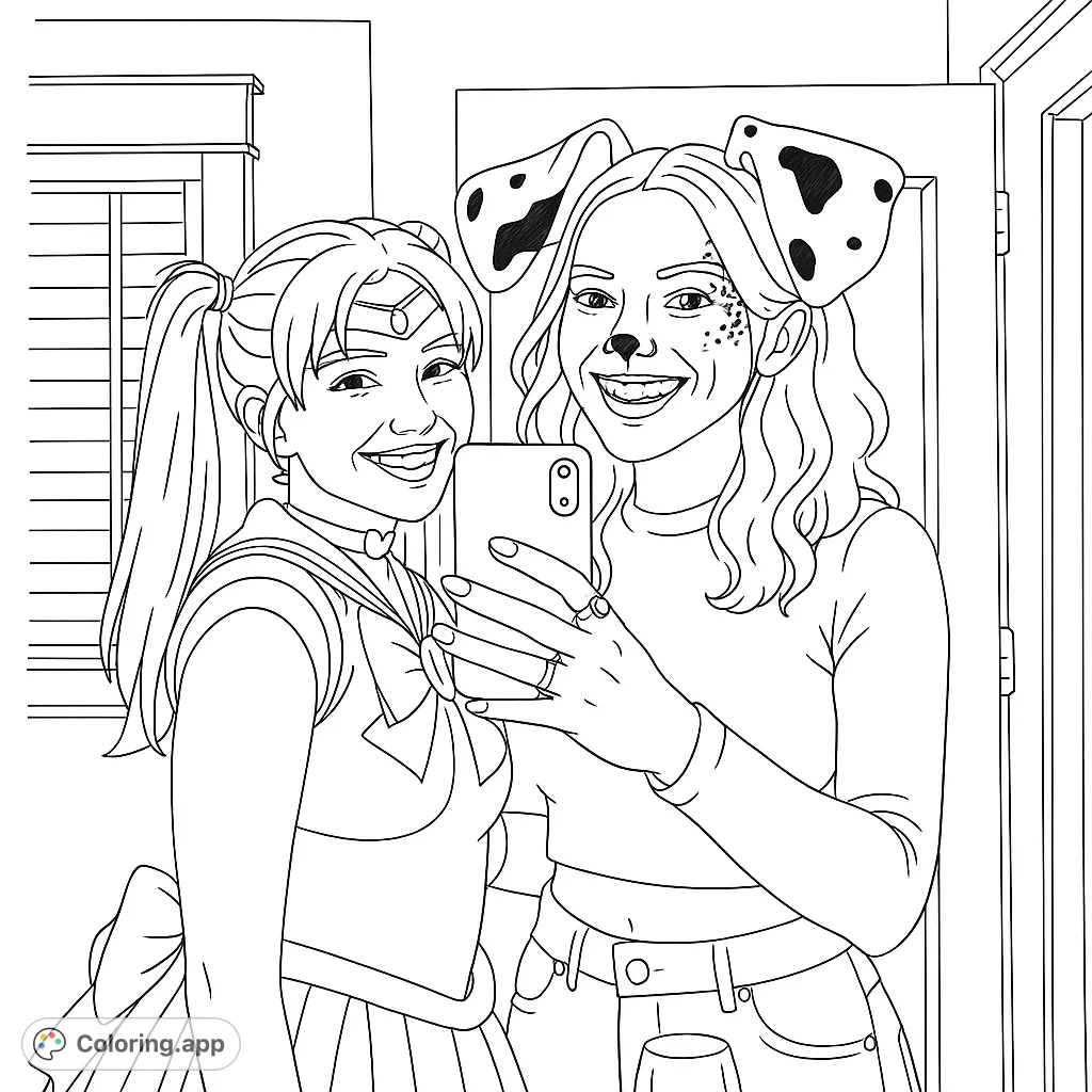 A fun costume party scene featuring a Sailor Moon character and a Dalmatian friend taking a selfie. Perfect for fans of anime and animal costumes.