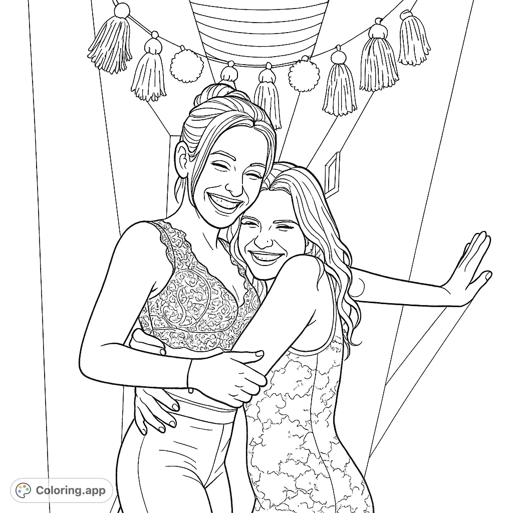 A heartwarming scene of two friends embracing in a hallway, adorned with a festive garland. Perfect for a friendship coloring page.