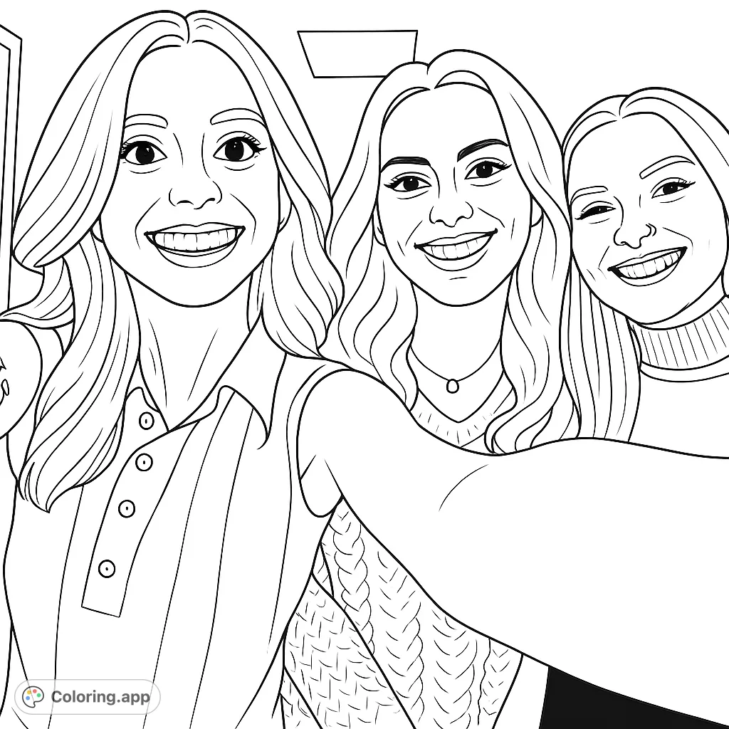 A heartwarming group portrait of three smiling friends, captured in a close-up selfie. Perfect for personalizing with vibrant colors.