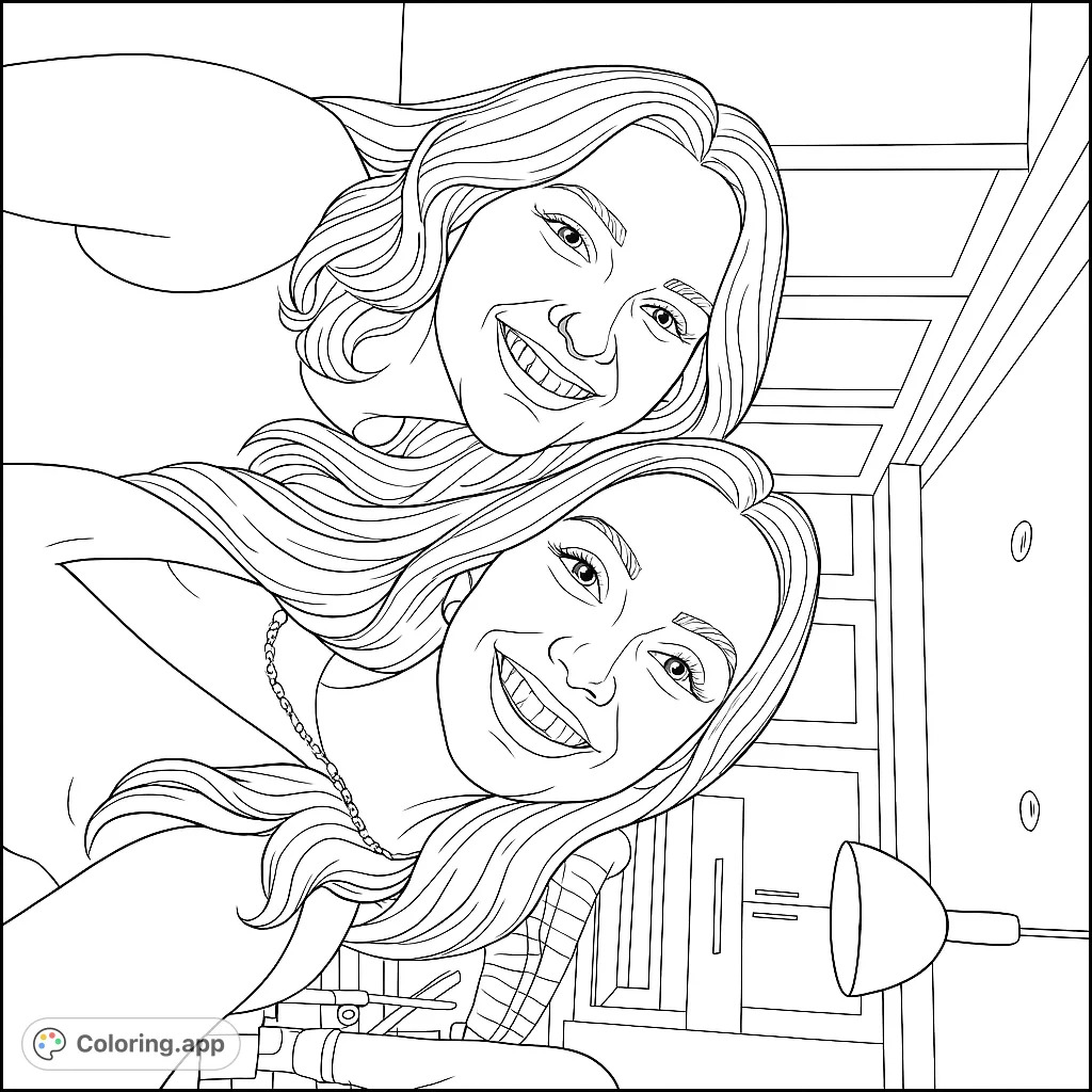 A heartwarming portrait of two smiling women, perfect for a friendship coloring page. Features detailed hair and expressive faces.