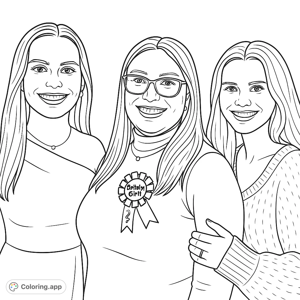 Three joyful friends, one wearing a decorative rosette, share a happy moment. A perfect free printable friendship coloring page for all ages.