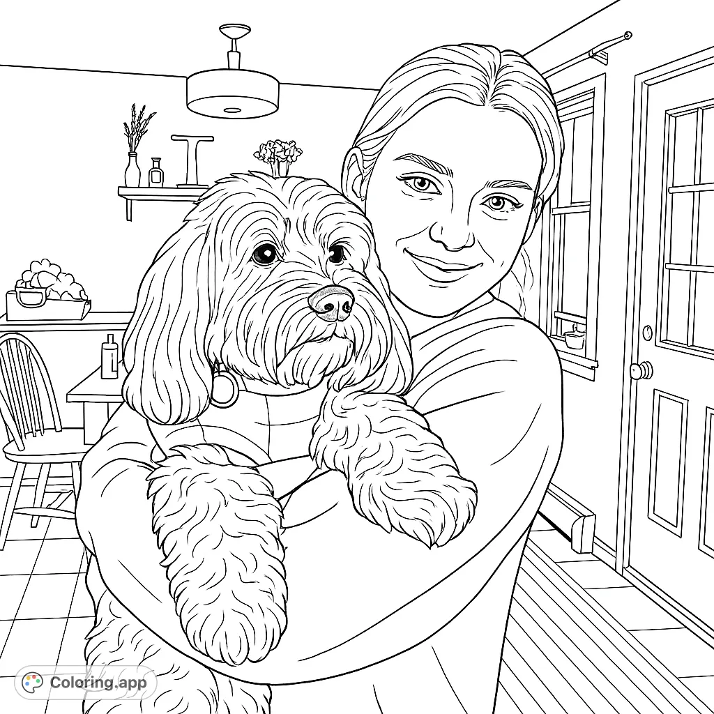 A heartwarming scene of a young woman gently holding her fluffy dog, perfect for a cozy coloring experience. Ideal for pet lovers.