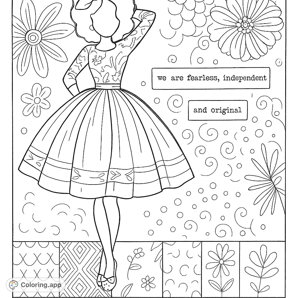 An elegant female figure in a patterned dress with a floral background. Features intricate details for a creative coloring experience.