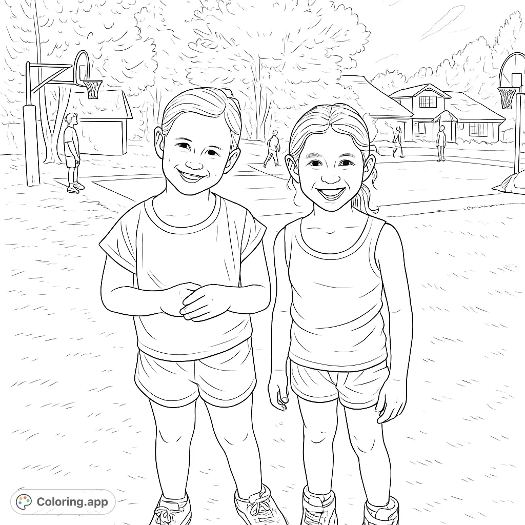 Two cheerful girls pose outdoors with a basketball court and trees in the background. A fun, free printable coloring page for kids.