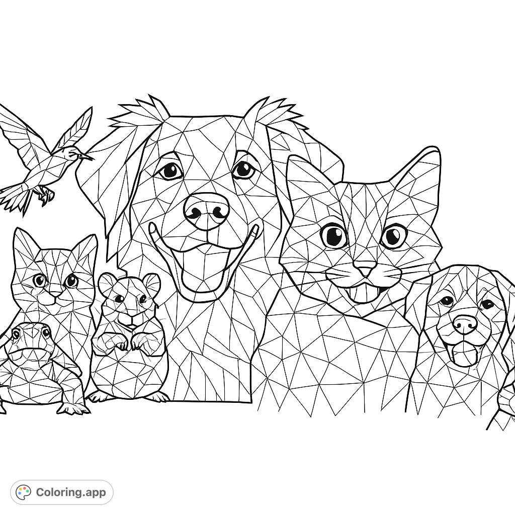 A delightful group of happy pets and wild animals peeking over a line, featuring a dog, cat, puppy, rabbit, hamster, turtle, and bird in a unique geometric style.