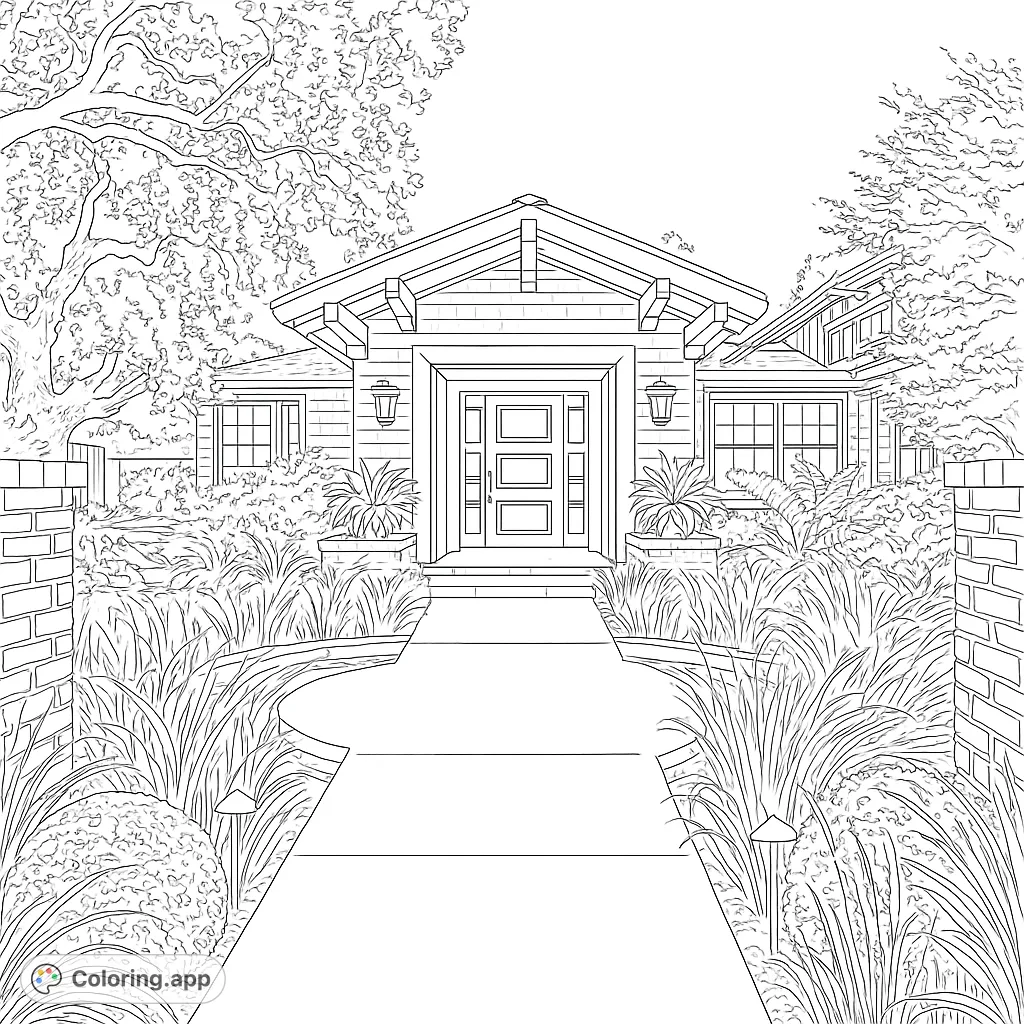 Explore a beautiful Craftsman home with lush gardens, a serene pond, and inviting pathway. A detailed architectural coloring page for all ages.
