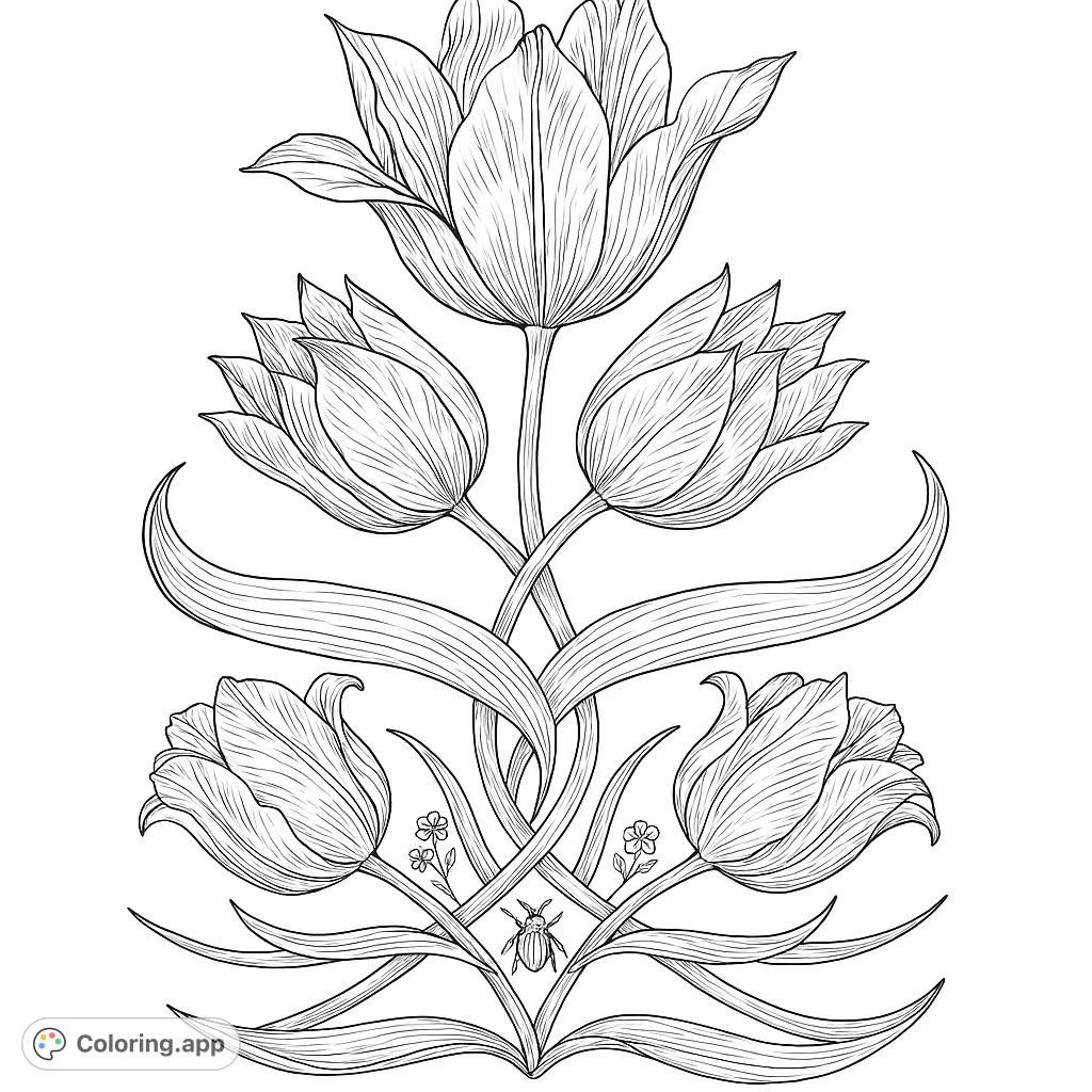An elegant tulip arrangement with intricate details and flowing botanical forms. This free printable floral coloring page offers a relaxing and creative experience for all.