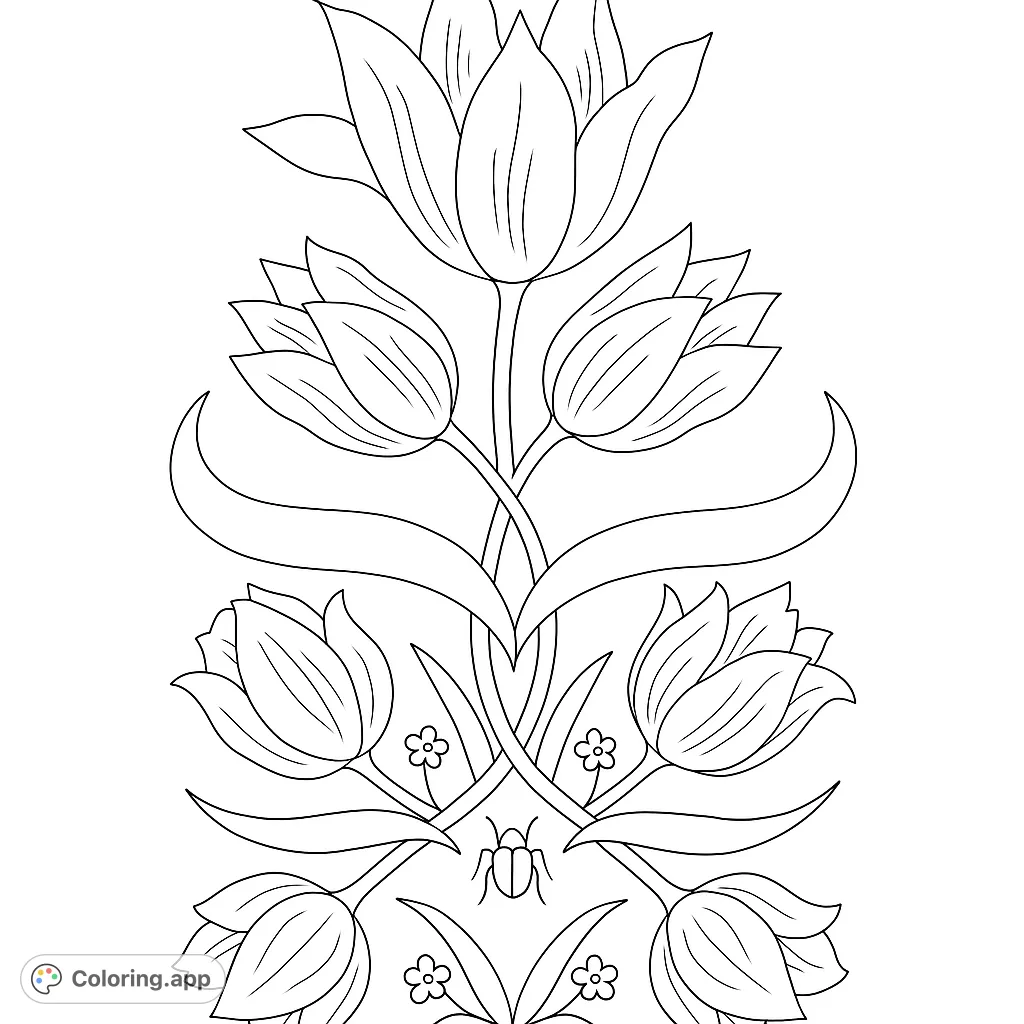 An elegant tulip arrangement with intertwining stems and leaves, perfect for a relaxing botanical coloring experience.