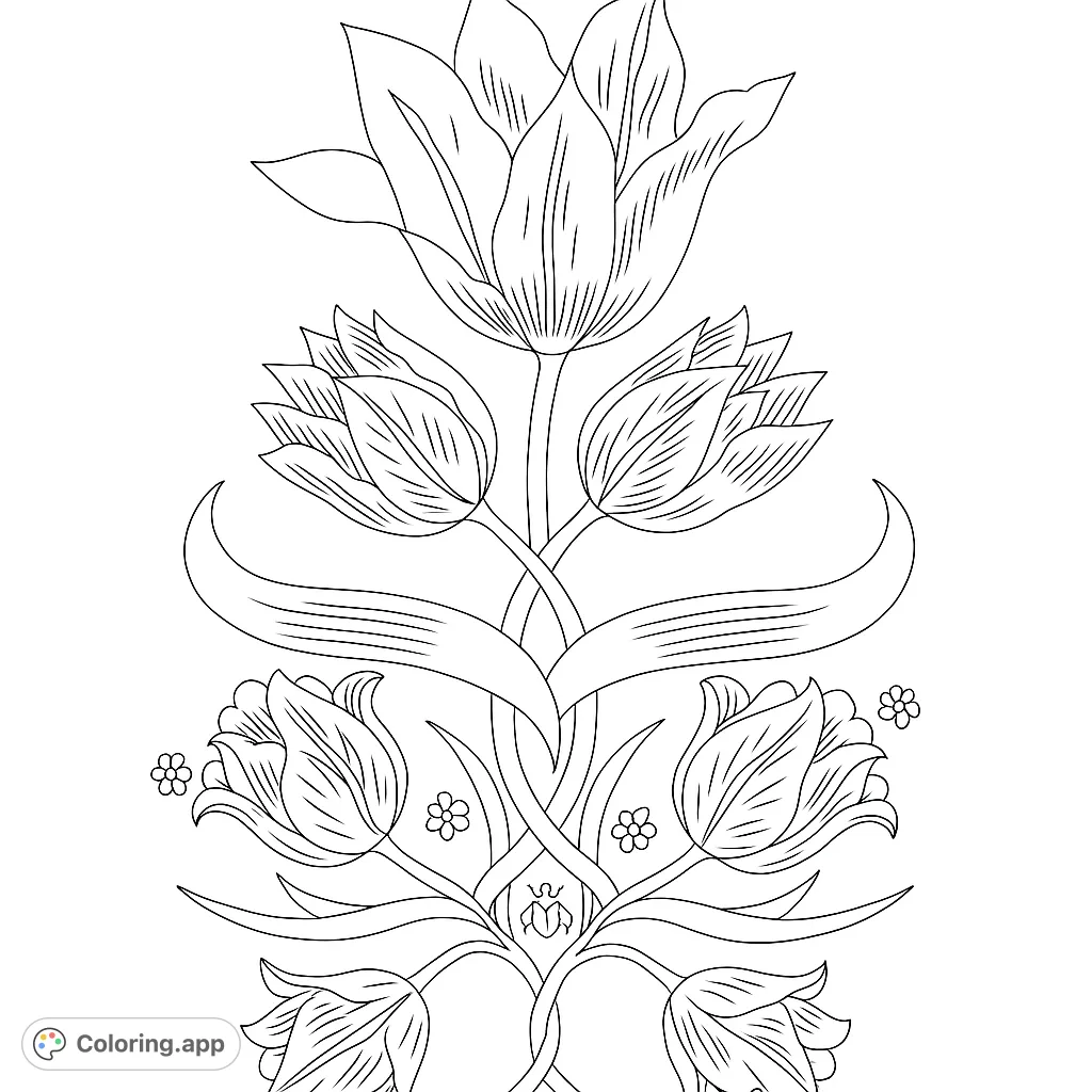 An elegant tulip floral design with intricate patterns and flowing lines, perfect for a relaxing coloring experience.