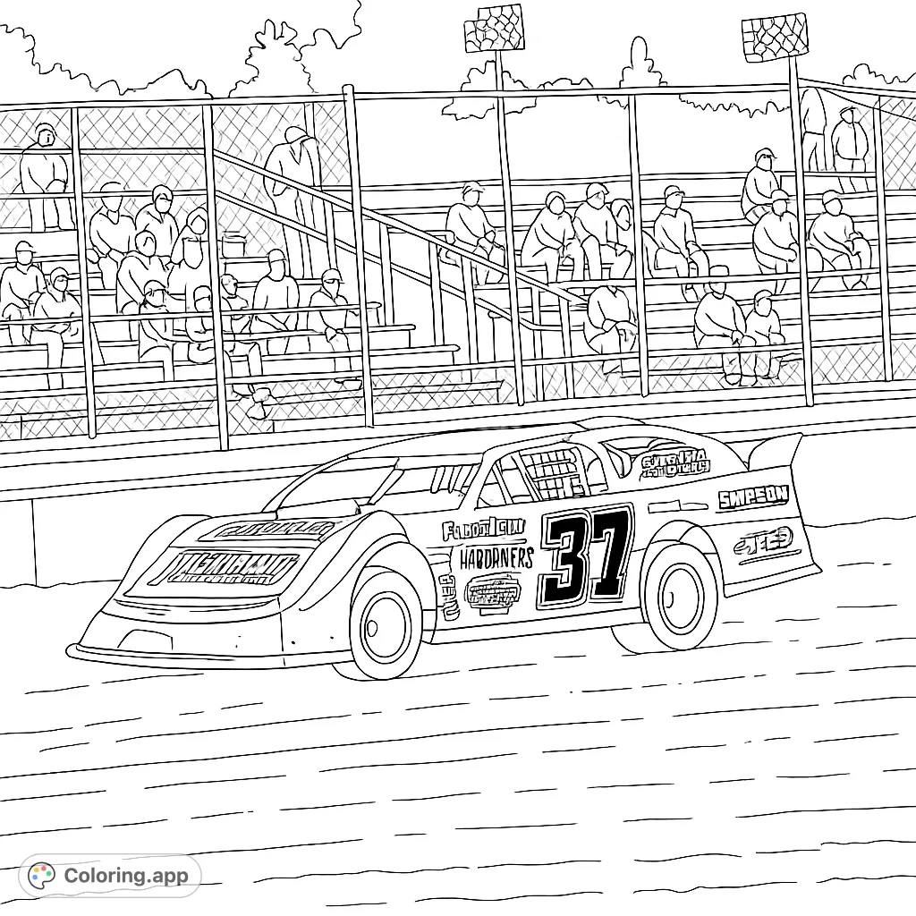 Dynamic dirt track race car ready for action, with a large number 37, against a backdrop of cheering fans and checkered flags. Perfect for speed enthusiasts!