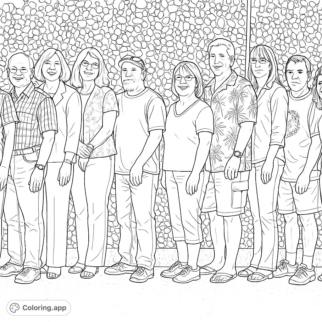 A diverse group of eleven adults standing together, perfect for a detailed coloring experience. Bring this friendly scene to life!