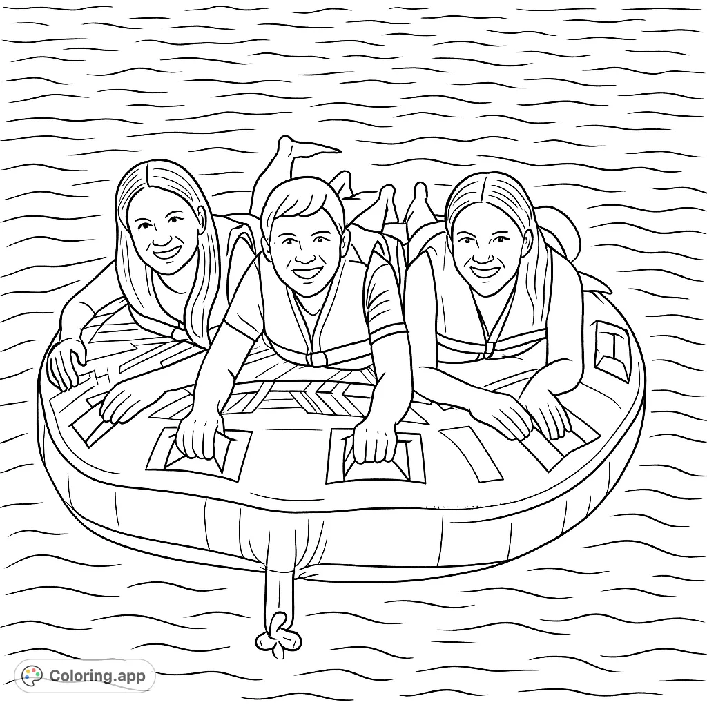 Three happy friends on a large inflatable tube, ready for a fun water adventure. Perfect for summer and outdoor activity fans.