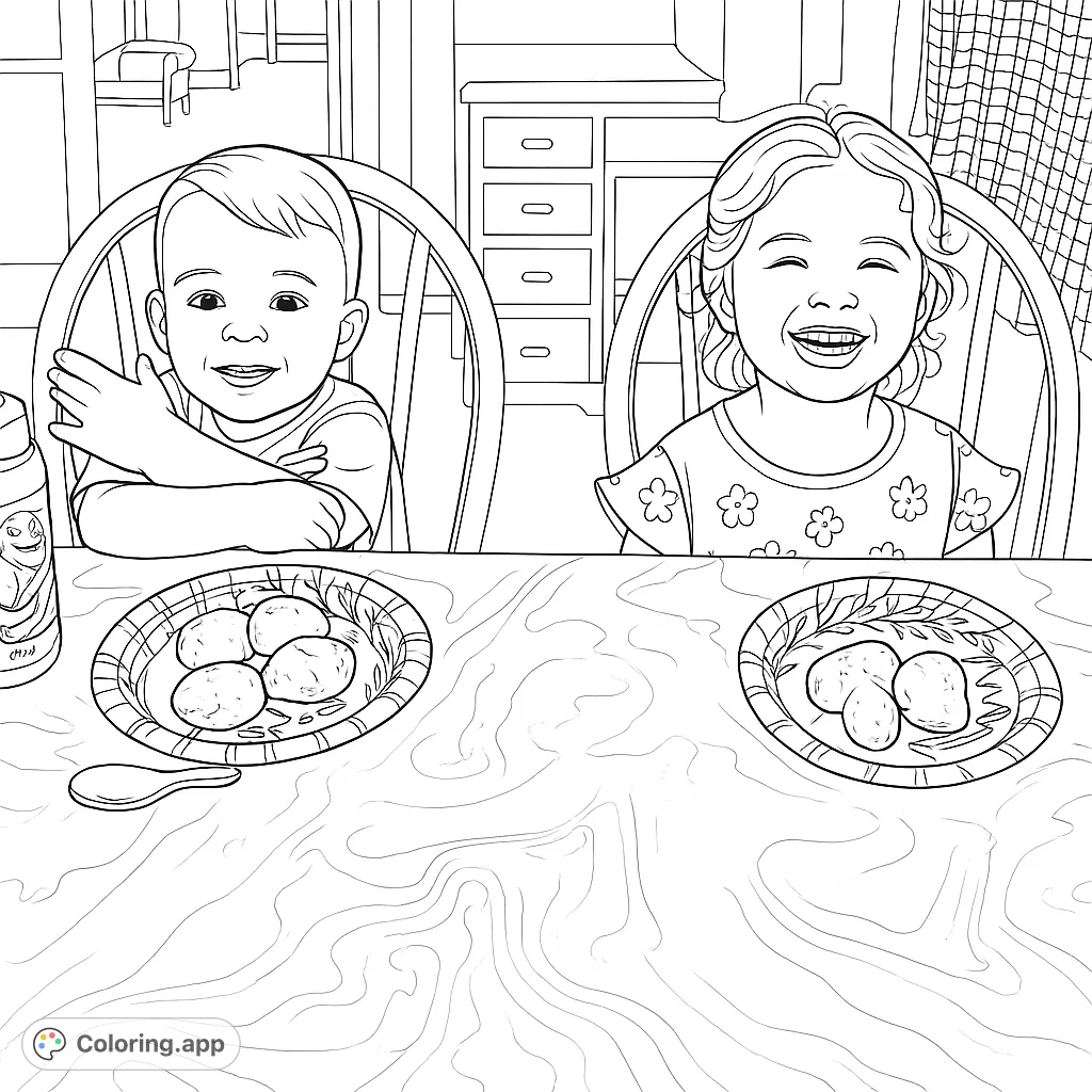 Capture the joy of mealtime with two happy children, each with their plate of food. A delightful scene for young colorists to bring to life.