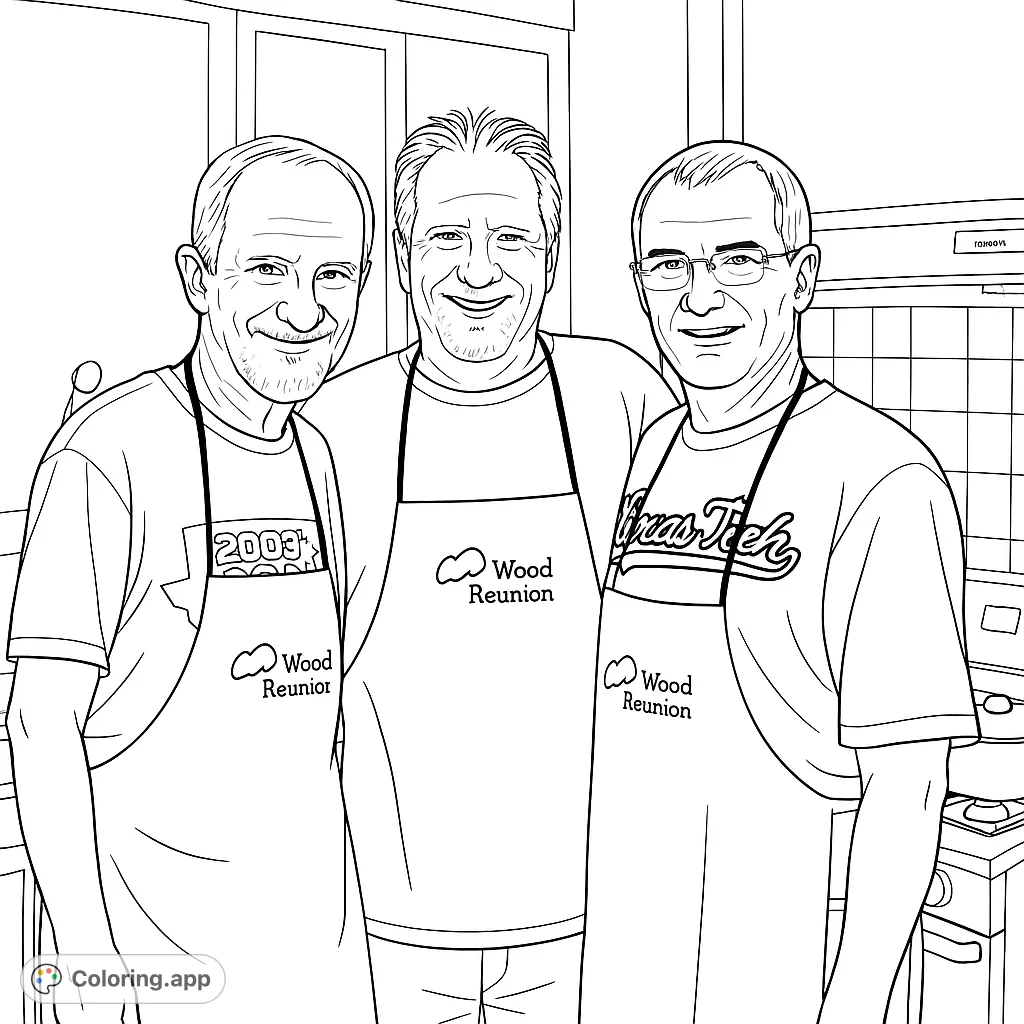 Three smiling men in aprons ready to cook, set in a detailed kitchen. Perfect for family and cooking enthusiasts.
