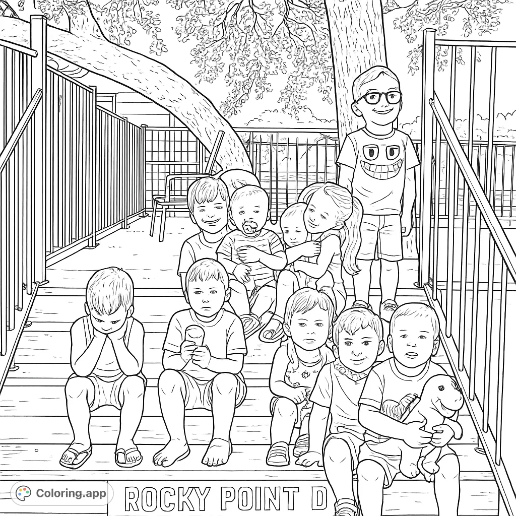 A delightful children coloring page featuring a lively group of playful kids of various ages gathered on wooden steps, perfect for family fun and creative expression.
