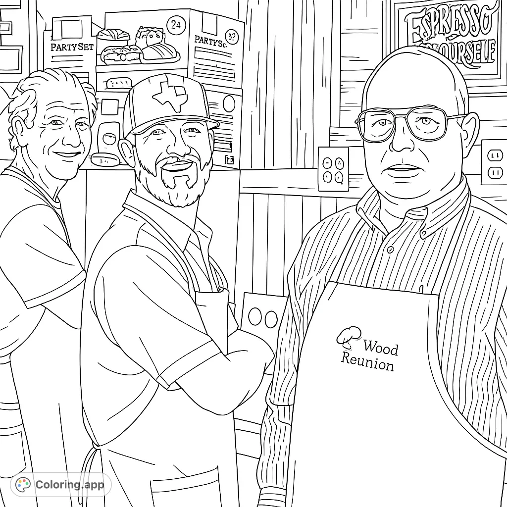 Three friendly men at a lively reunion, featuring detailed clothing, a Texas cap, and a textured wooden background for a fun, engaging coloring experience.