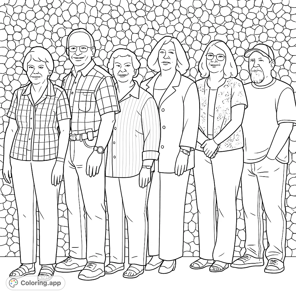 Color a group of six adults standing together, featuring detailed clothing and a textured pebble wall background. Perfect for personalizing!