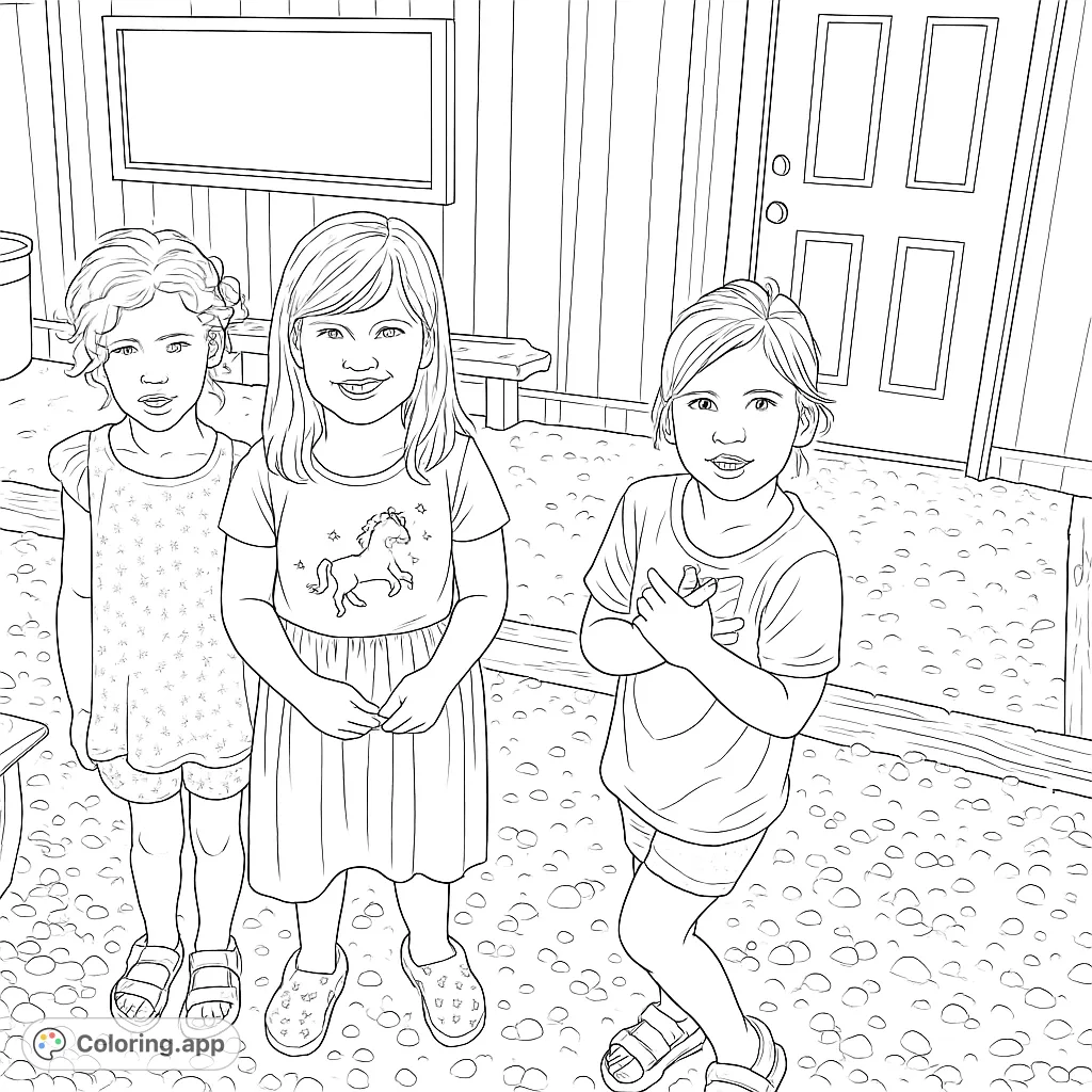 A delightful coloring page featuring three cheerful girls standing on a gravel path, ready for a fun coloring adventure. Perfect for kids!