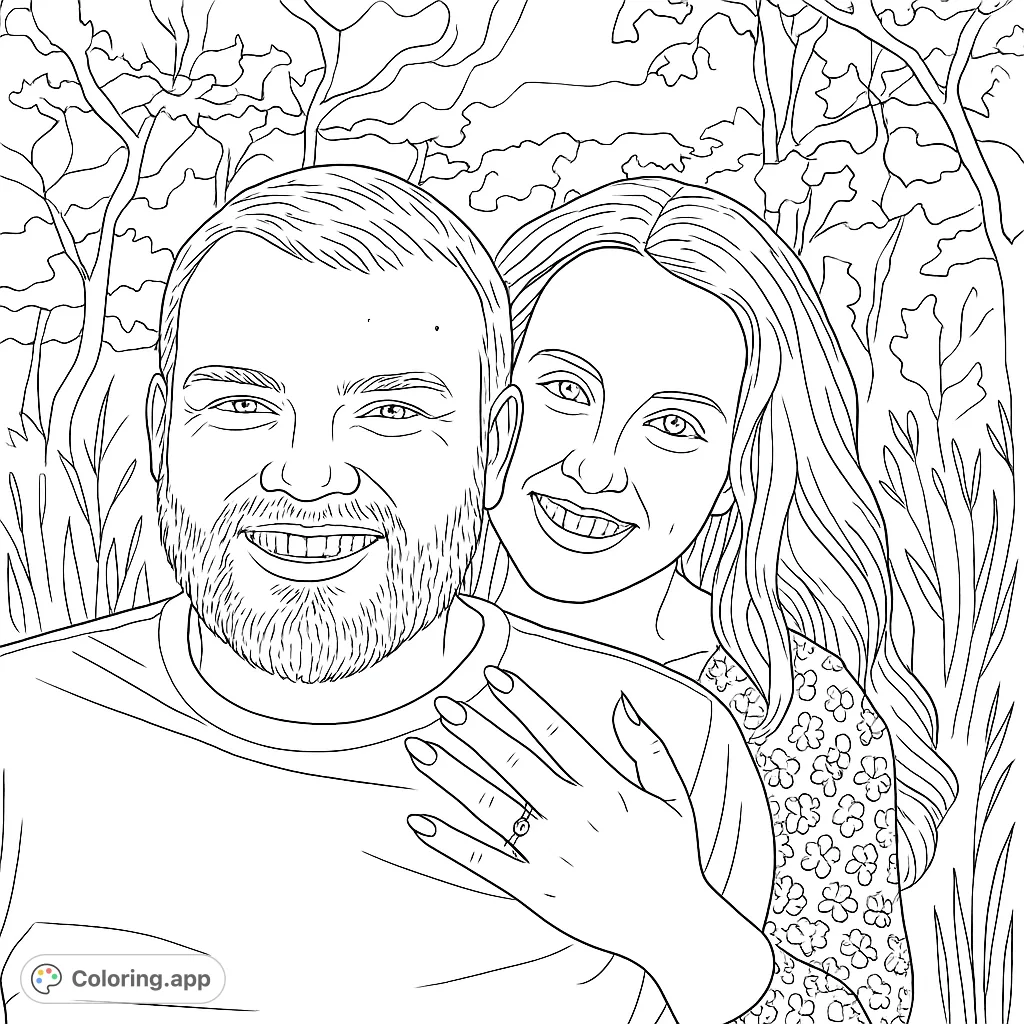 A heartwarming portrait of a smiling couple, with the woman embracing the man from behind. Features a detailed floral pattern and a prominent ring.