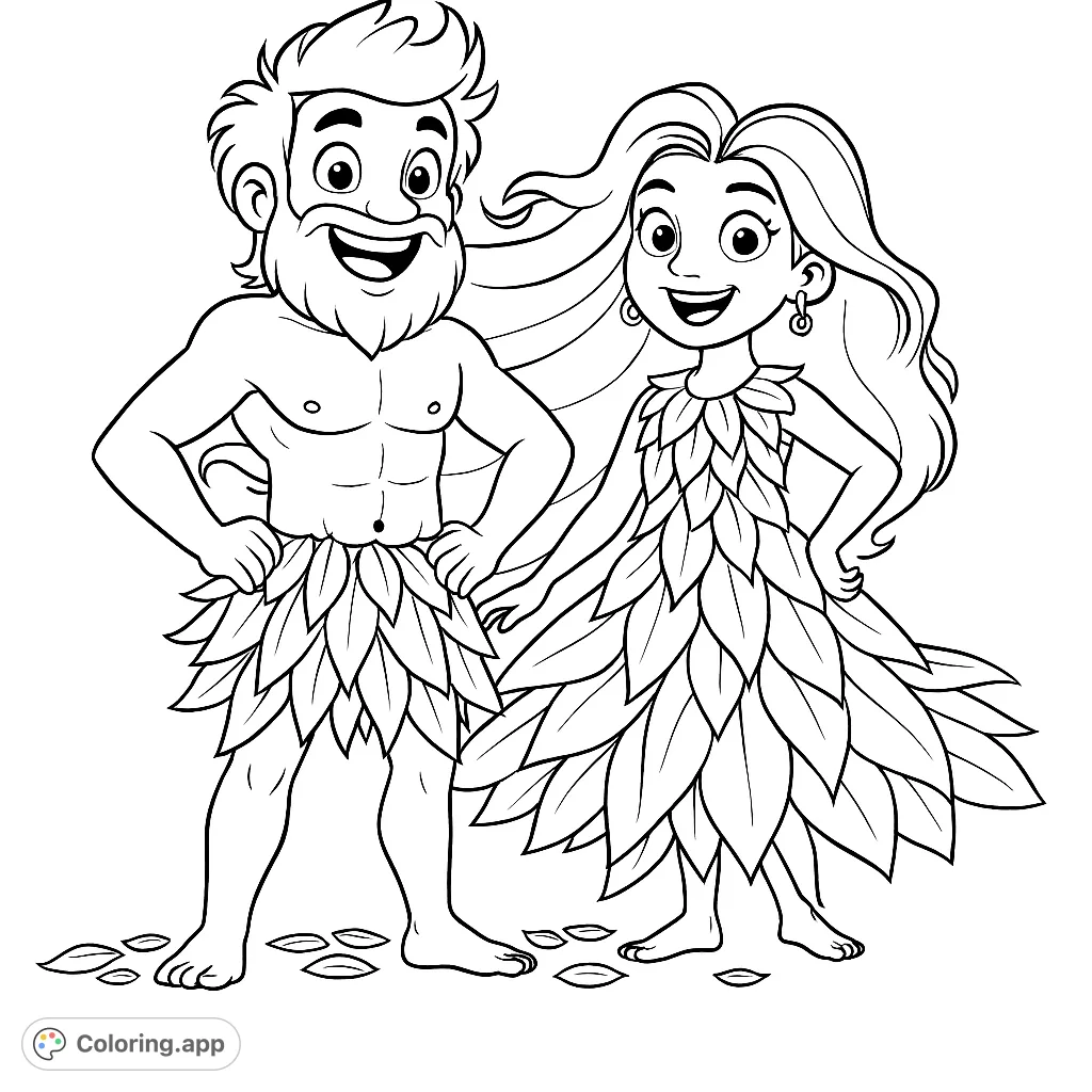 A charming Adam and Eve coloring page featuring the first couple in their leaf attire, ready for your creative touch. Perfect for all ages.
