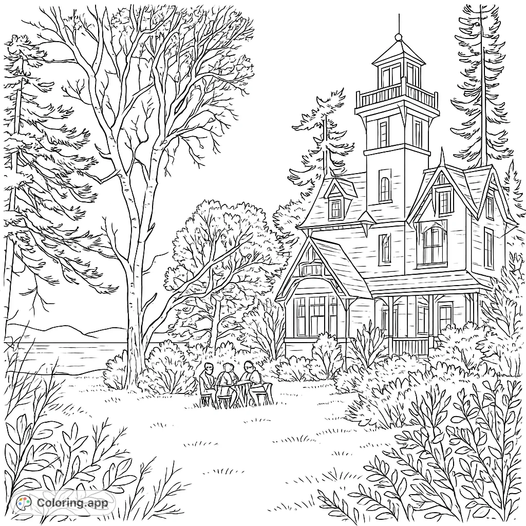 Color a grand Victorian mansion with a towering turret, nestled amidst lush trees by the sea. A free printable architectural coloring page for all ages.
