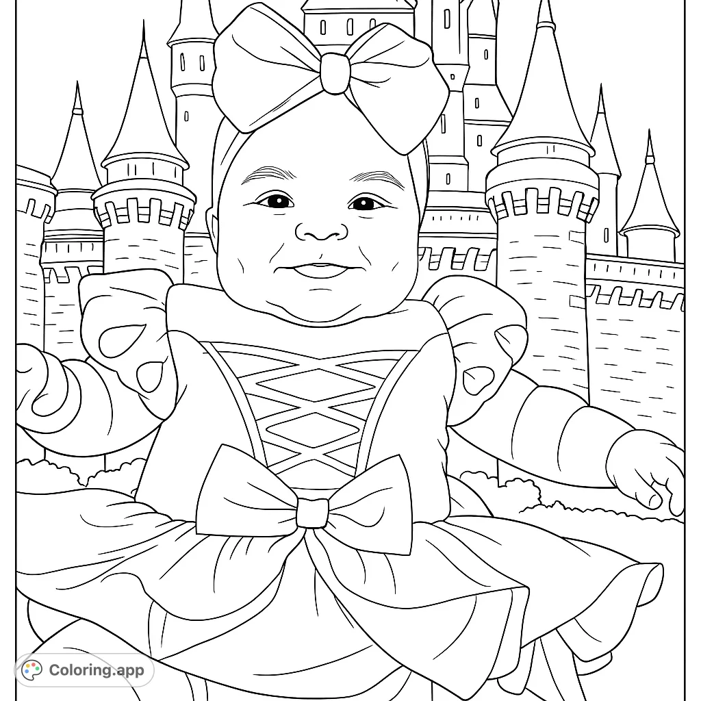 Adorable baby in a princess costume with a big red bow, smiling brightly in front of a majestic fairytale castle. Perfect for a magical coloring adventure!