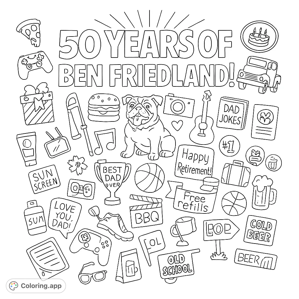 A detailed collage of diverse objects representing life's milestones and memories, perfect for a personalized celebration coloring page.