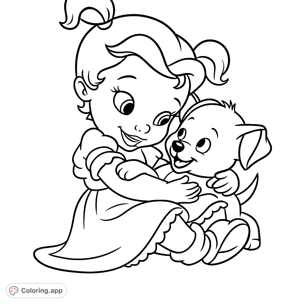 Adorable girl gently hugs her happy puppy. A heartwarming scene perfect for young colorists. Free printable coloring page.