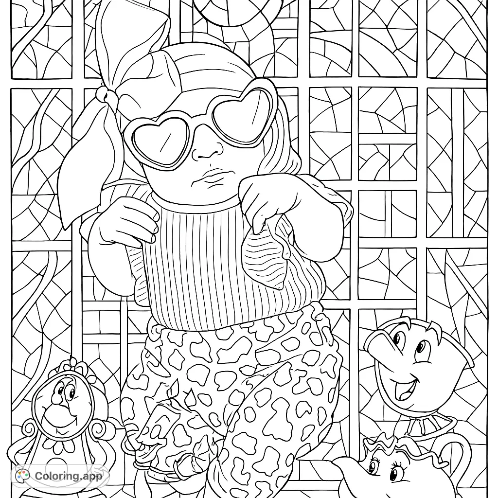 A charming baby in heart sunglasses and a bow, surrounded by beloved fairy tale characters against a magical stained-glass window. A delightful fantasy coloring page.