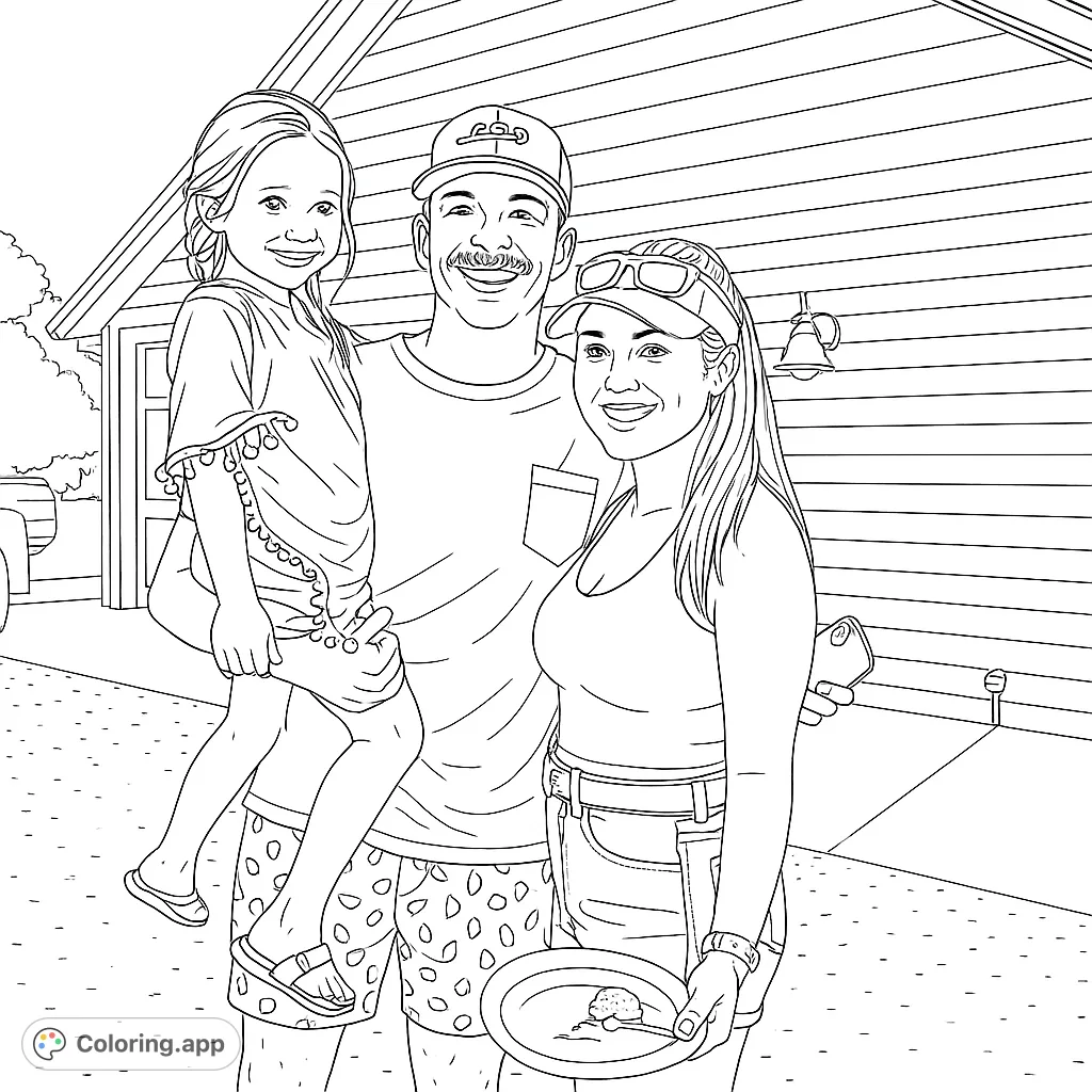 A joyful family portrait featuring a man holding a girl, with a woman beside them, set against a house and gravel. Perfect for a family coloring page.