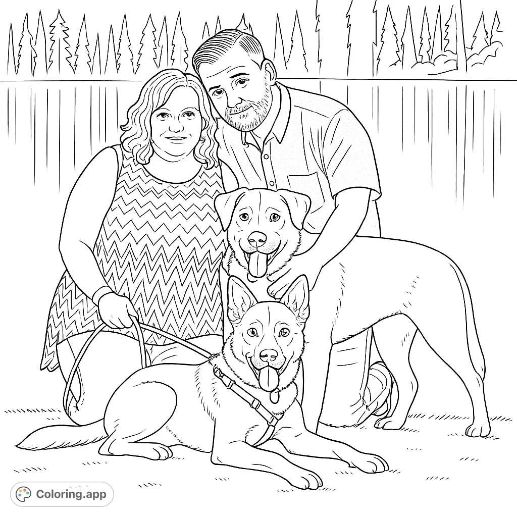 A heartwarming family portrait coloring page featuring a couple and their two beloved dogs by a serene lake, perfect for all ages.