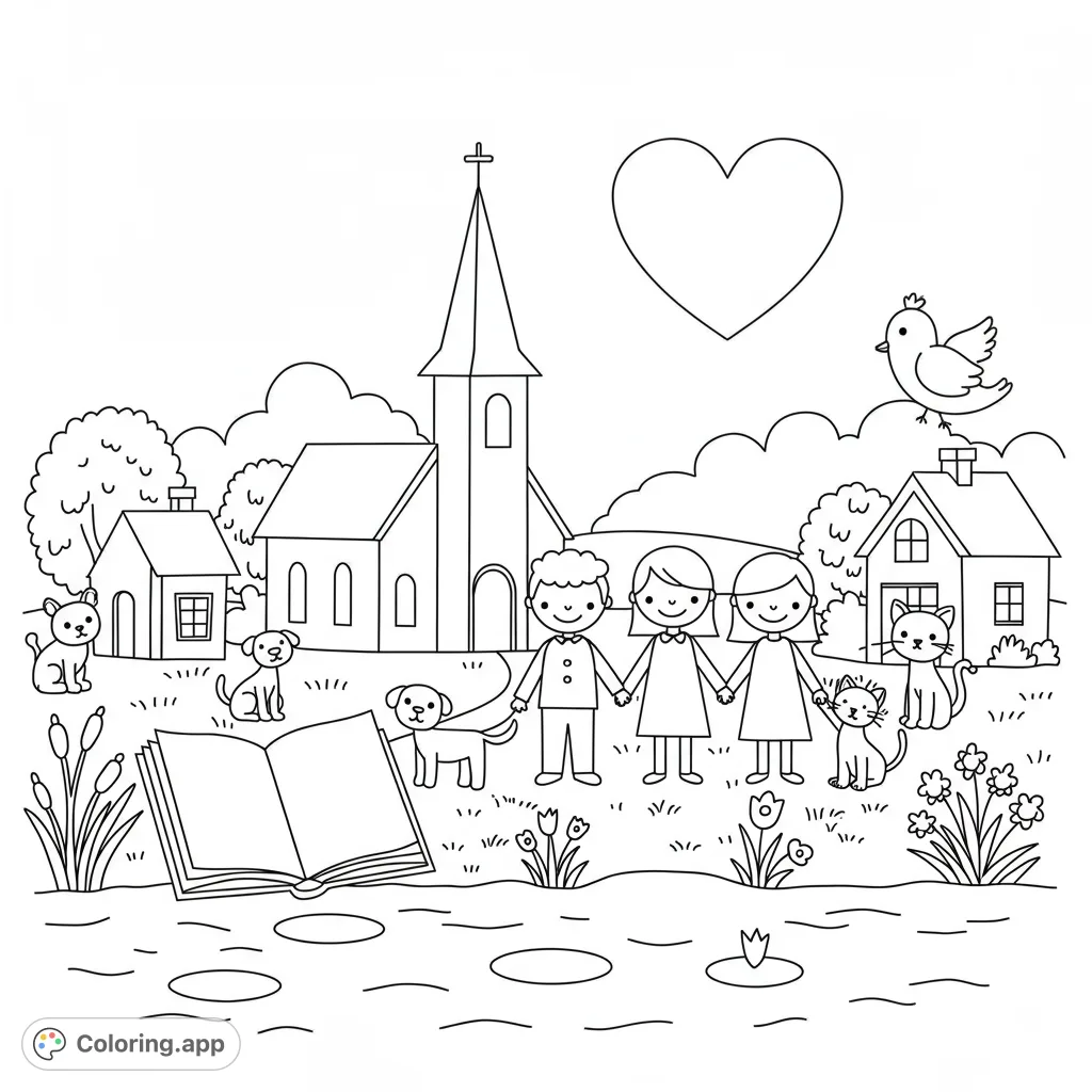 A heartwarming whimsical village coloring page featuring a serene lake, quaint church, loving family, open book, and friendly animals for joyful coloring.