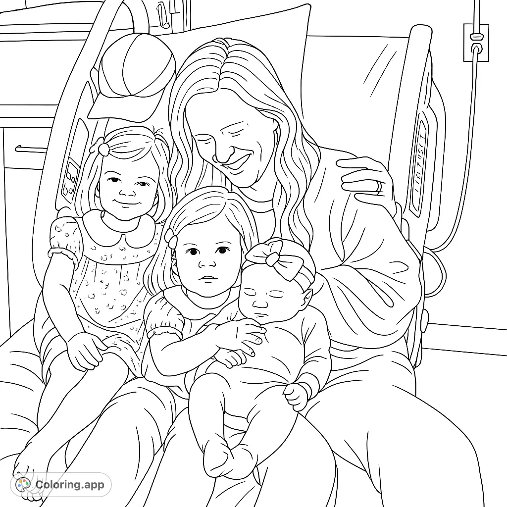 A heartwarming family portrait featuring a mother, father, and their three children, including a newborn, in a hospital room setting.