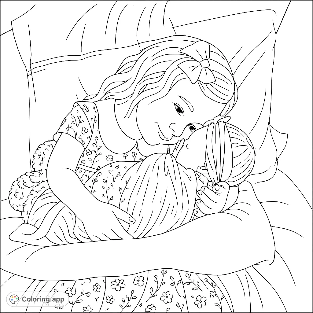 A heartwarming scene of a young girl tenderly embracing her swaddled newborn sibling, capturing pure love and gentle connection. Perfect for family coloring.