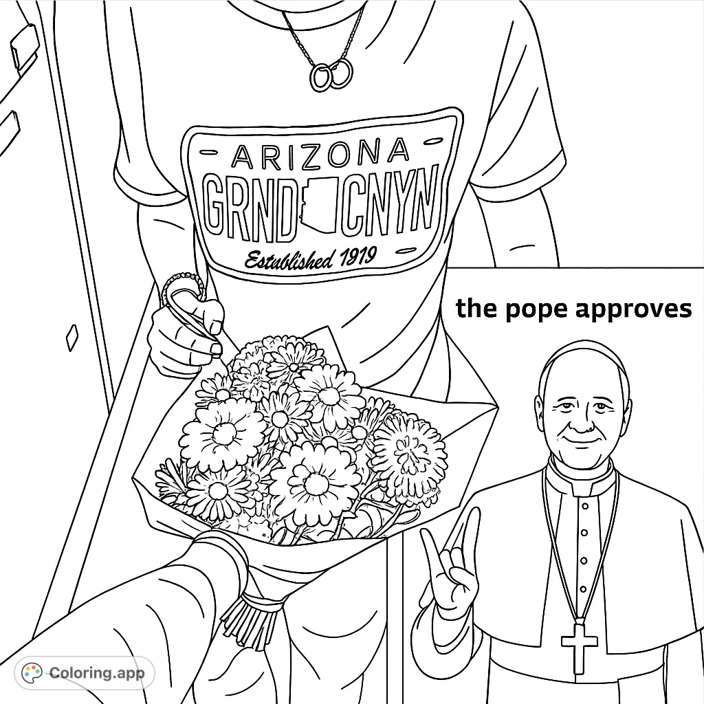 A detailed coloring page featuring a person holding a vibrant bouquet of flowers, wearing a unique Arizona-themed t-shirt and a dragon tattoo.