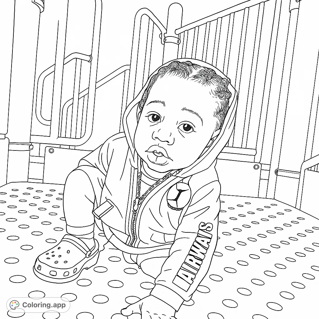 An adorable baby explores a playground, captured in a charming line drawing. Perfect for a free printable coloring page for kids.