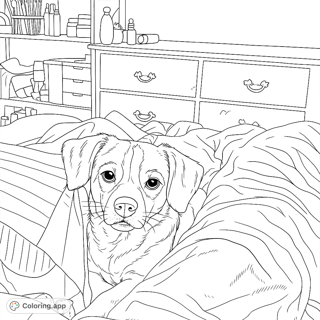 A charming dog rests cozily on a soft blanket next to a crinkled paper bag, ready for a delightful coloring experience. Free printable dog coloring page for kids and adults.