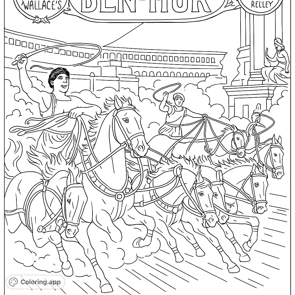Experience the thrill of an ancient chariot race with powerful horses and determined charioteers in a grand stadium. A dynamic historical adventure.