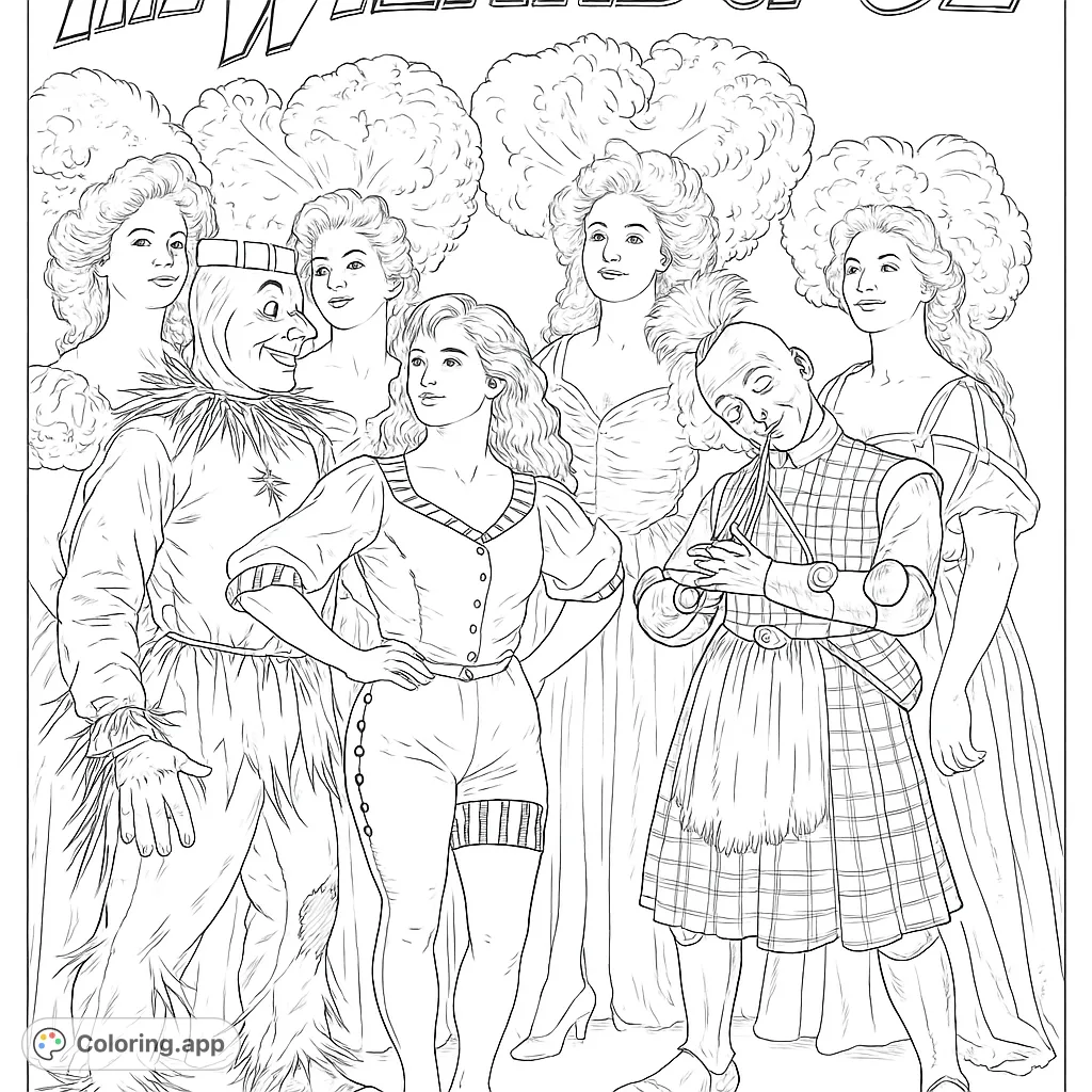 Step into the magical world of Oz! This detailed coloring page features iconic characters like the Scarecrow, Tin Woodman, and Dorothy, ready for your creative touch.