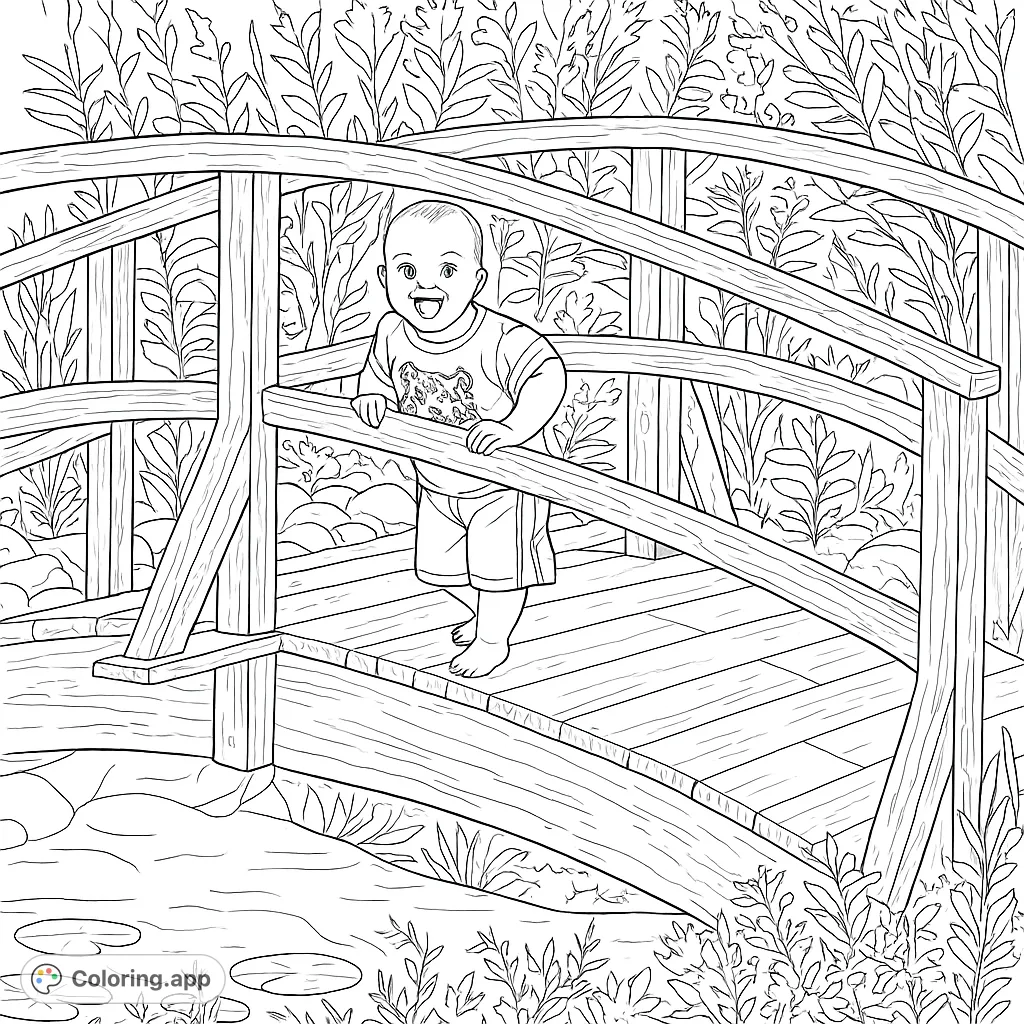 A joyful baby leans over a rustic wooden bridge, surrounded by lush garden foliage and a tranquil pond, perfect for a delightful coloring adventure.
