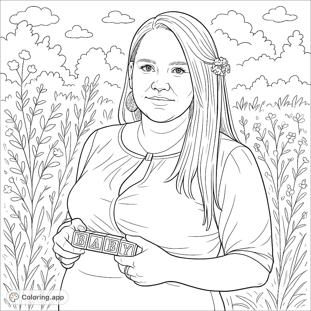 A heartwarming maternity coloring page featuring an expecting mother gently holding 'BABY' blocks, set against a serene natural background. Perfect for celebrating new life.