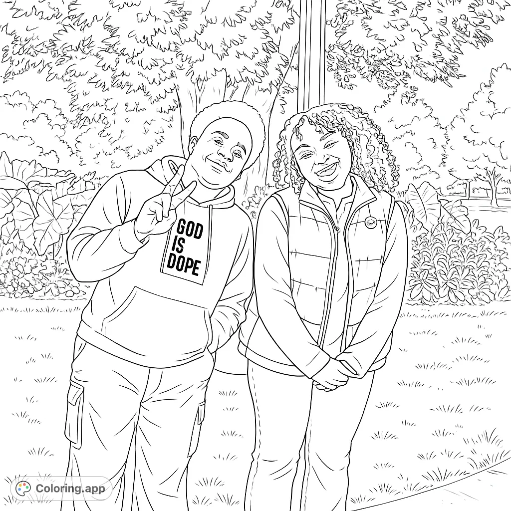 Capture the joy of friendship with this free printable outdoor scene. Two smiling friends stand in a park, perfect for all ages to color.