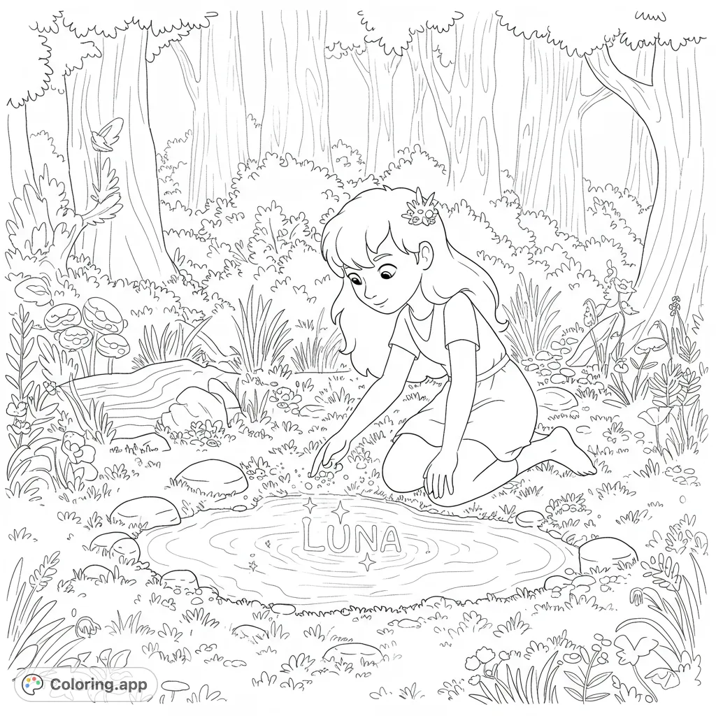 Discover Luna dipping her finger into a magical, star-reflecting pond on a mossy patch in a whimsical forest, perfect for a magical forest coloring page.