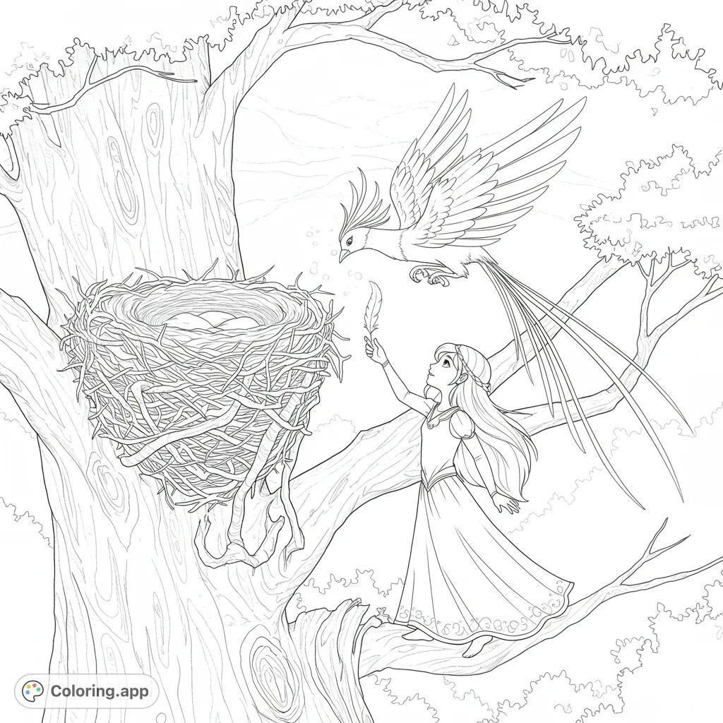 A magical bird offers a shimmering feather to Luna from its glowing tree nest, set against a mystical sky. A captivating fantasy coloring page for all ages.